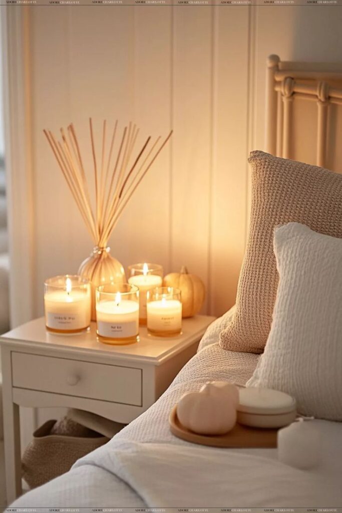 Cozy bedroom nightstand with lit candles, diffuser, and soft pillows for a relaxing ambiance.