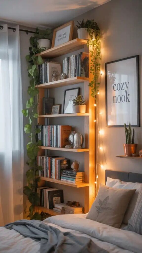 Cozy bedroom corner with bookshelf, plants, and warm fairy lights, creating an inviting and relaxing nook ambiance.
