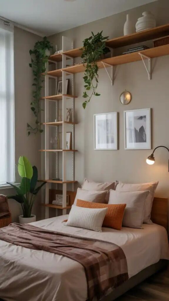 Cozy bedroom with minimalist decor, bookshelves, plants, and warm light filtering through the window.