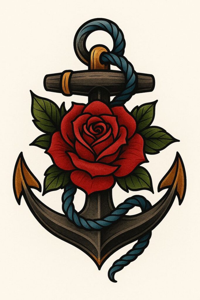 Retro tattoo design: shaded anchor with vibrant red rose and green leaves intertwined with blue rope.