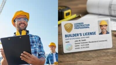 Smiling construction worker holding clipboard beside a builder's license on a desk, symbolizing professionalism.