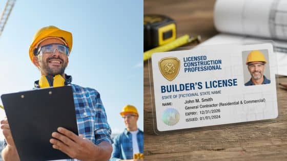 Victoria Builder Licence Renewal and Compliance Guide Smiling construction worker holding clipboard beside a builder's license on a desk, symbolizing professionalism. | Sky Rye Design Smiling construction worker holding clipboard beside a builder's license on a desk, symbolizing professionalism.