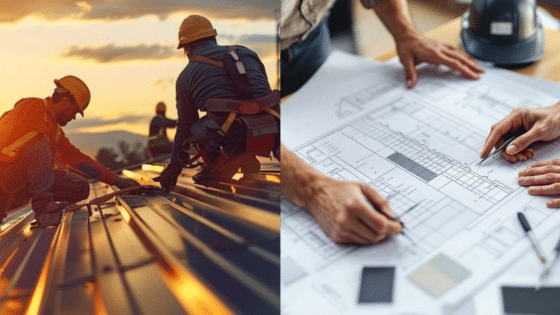 Two construction workers on a roof at sunset and architects reviewing building blueprints.