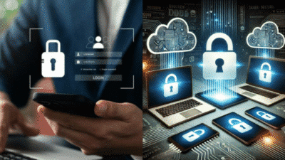 Secure login screen on phone, and digital locks on laptops and tablets, symbolizing cybersecurity and data protection.