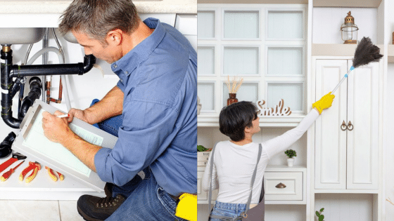 Viewing Deck Blog 1 Man inspecting plumbing system; woman in yellow gloves dusting shelves at home. | Sky Rye Design Man inspecting plumbing system; woman in yellow gloves dusting shelves at home.