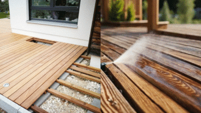 Wooden deck installation (left) and cleaning with pressure washer (right) for enhanced outdoor space maintenance.