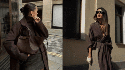 Fashionable women wearing stylish brown coats and sunglasses in urban settings.