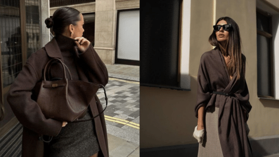 Fashionable women wearing stylish brown coats and sunglasses in urban settings.