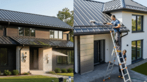 House exterior cleaning with pressure washer; two workers on ladder for roof maintenance.