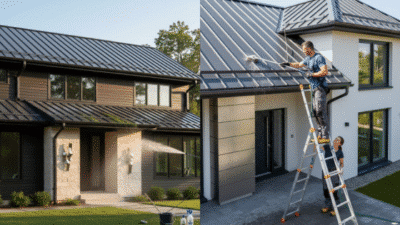 House exterior cleaning with pressure washer; two workers on ladder for roof maintenance.