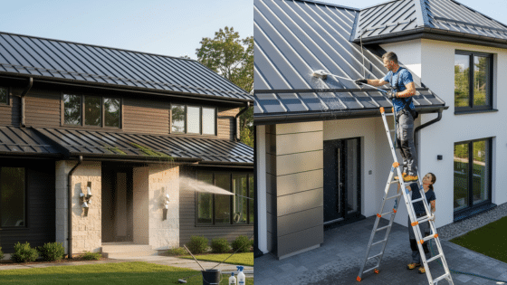 House exterior cleaning with pressure washer; two workers on ladder for roof maintenance.