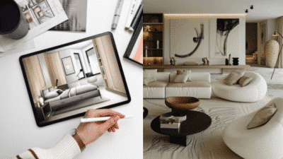 Tablet displaying modern living room design next to a similar stylish, minimalistic living room interior.