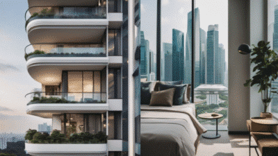 Modern luxury apartment exterior and interior with city skyline view and elegant bedroom design.