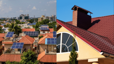 Cityscape with houses featuring solar panels on red roofs under a sunny blue sky.