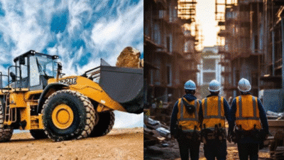 Bulldozer on dirt road and three construction workers in helmets at building site during sunset.