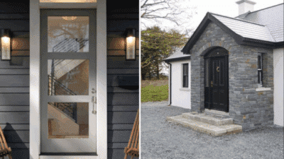 Modern and rustic house entrances: contemporary glass door on the left, stone facade with a black door on the right.