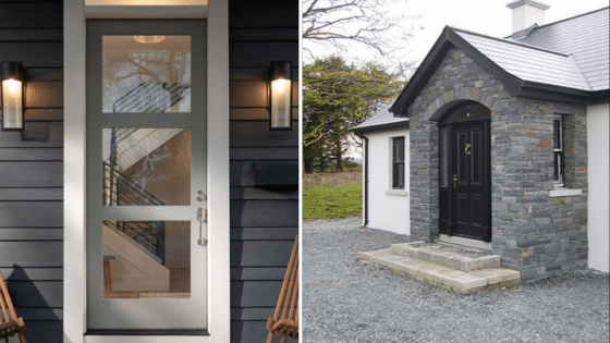 Modern and rustic house entrances: contemporary glass door on the left, stone facade with a black door on the right.