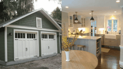 Green garage and modern kitchen interior with pendant lighting and wooden cabinetry.