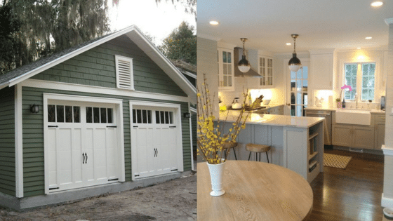 Viewing Deck Blog 1 Green garage and modern kitchen interior with pendant lighting and wooden cabinetry. | Sky Rye Design Green garage and modern kitchen interior with pendant lighting and wooden cabinetry.