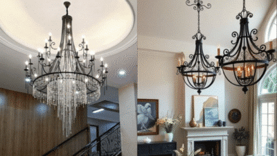 Elegant chandeliers in modern interiors: crystal design in hallway, black wrought iron in cozy living room.