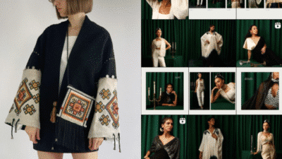 Fashionable woman in ethnic jacket with embroidery; collage of elegant outfits in background.