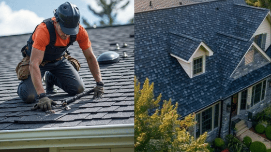 Viewing Deck Blog 1 Roofer working on shingles and aerial view of house with new roof installation. | Sky Rye Design Roofer working on shingles and aerial view of house with new roof installation.