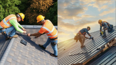 Roofers in safety gear installing shingle and metal roofs under clear skies, showcasing expertise and teamwork.