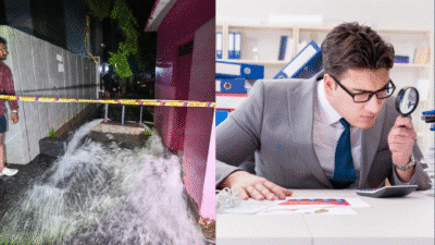 Burst water pipe flooding street; businessman examines documents with magnifying glass in office.