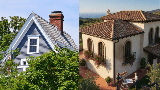 Comparison of modern and Mediterranean-style homes with distinctive roofs, surrounded by greenery.
