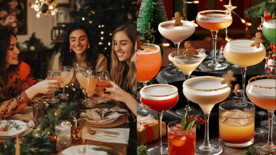 Viewing Deck Blog Holiday celebration with friends toasting drinks alongside festive Christmas cocktails adorned with gingerbread. | Sky Rye Design Holiday celebration with friends toasting drinks alongside festive Christmas cocktails adorned with gingerbread.