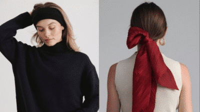 Two stylish hairstyles: a woman with a black headband in a sweater and another with a red hair ribbon in a white top.