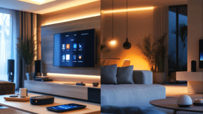 Modern living room with smart home technology, subtle lighting, and sleek furniture design. Cozy and futuristic ambiance.