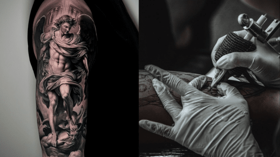 Tattoo artist inking detailed design of a warrior angel on a person's arm, showcasing intricate artistry and craftsmanship.