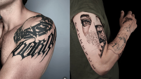 Arm tattoos featuring bold black script design on the left and intricate portrait and text on the right.