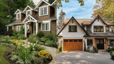 Side-by-side view of two charming suburban homes with lush gardens and distinct architectural styles.
