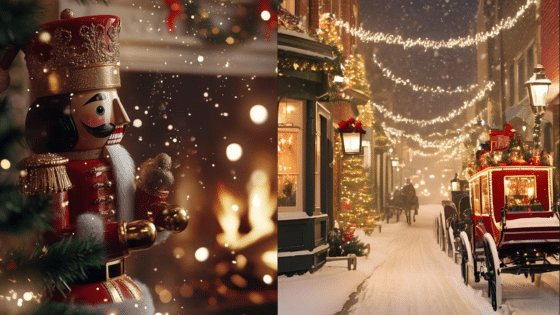 Nutcracker figurine and festive street with carriage, both illuminated by warm holiday lights and decoration.