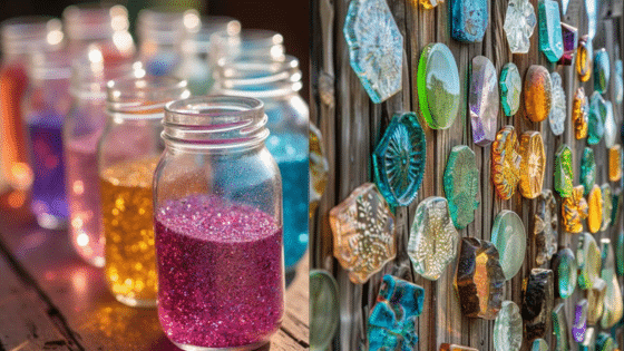 Viewing Deck Blog Jars of colorful glitter beside a wooden fence adorned with vibrant glass decorations. | Sky Rye Design Jars of colorful glitter beside a wooden fence adorned with vibrant glass decorations.