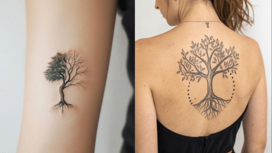 Two tree tattoos on skin: a small leafy tree on an arm and a larger intricate tree on a woman's back.