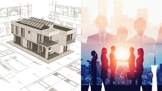 Viewing Deck Blog 2 Architectural blueprint with 3D house model alongside silhouetted professionals against cityscape backdrop. | Sky Rye Design Architectural blueprint with 3D house model alongside silhouetted professionals against cityscape backdrop.