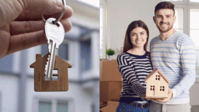 Couple holding a house model with keys symbolizing new home purchase, surrounded by moving boxes.