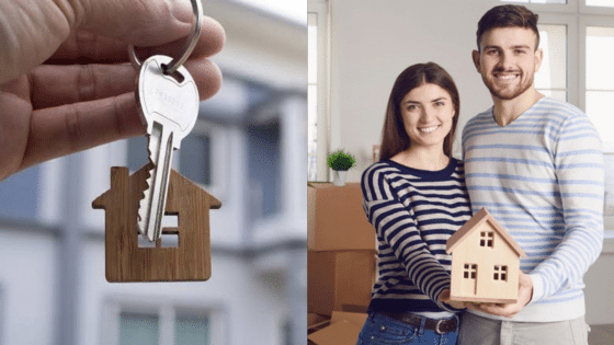 Couple holding a house model with keys symbolizing new home purchase, surrounded by moving boxes.