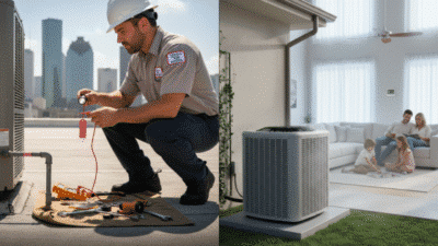 Technician fixing an AC unit on a rooftop with tools; a family enjoys a cool home interior in the background.