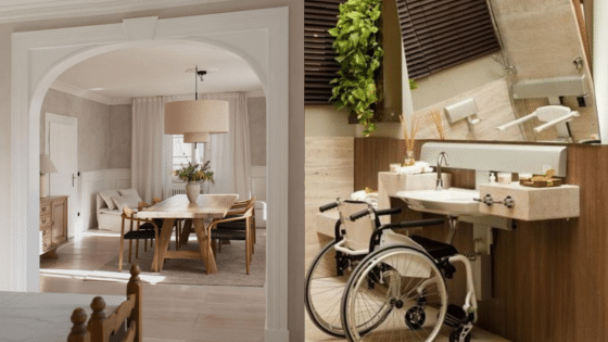 Viewing Deck Blog 2 Modern accessible room: spacious dining area with natural light, wheelchair-friendly bathroom with adaptive fixtures. | Sky Rye Design Modern accessible room: spacious dining area with natural light, wheelchair-friendly bathroom with adaptive fixtures.