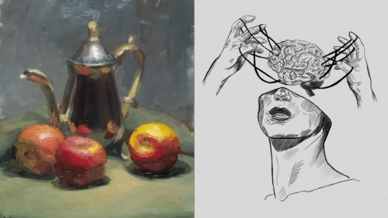 Viewing Deck Blog 2 Still life with teapot and apples; artistic sketch of a person holding brain, concept of thought and creativity. | Sky Rye Design Still life with teapot and apples; artistic sketch of a person holding brain, concept of thought and creativity.