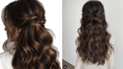 Woman with long, wavy, brown hair styled in a half-up twist against light background. Elegant hairstyle inspiration.