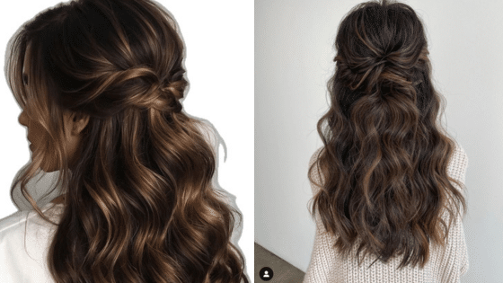 Woman with long, wavy, brown hair styled in a half-up twist against light background. Elegant hairstyle inspiration.