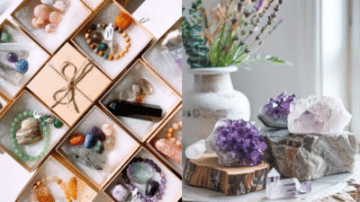 Colorful gemstone collection with crystal decor and jewelry, including amethyst, displayed elegantly in gift boxes.