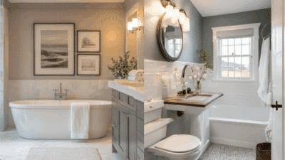 Modern bathroom designs: freestanding tub, elegant lighting, framed art, and serene colors for a relaxing atmosphere.