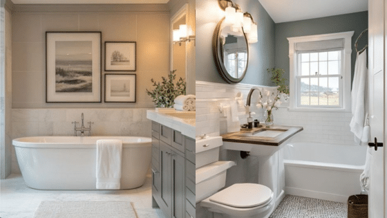 Viewing Deck Blog 2 Modern bathroom designs: freestanding tub, elegant lighting, framed art, and serene colors for a relaxing atmosphere. | Sky Rye Design Modern bathroom designs: freestanding tub, elegant lighting, framed art, and serene colors for a relaxing atmosphere.