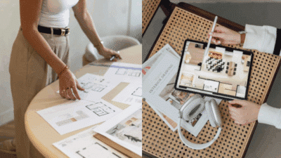 Person reviewing house plans on table and tablet, showcasing interior design ideas and layouts.